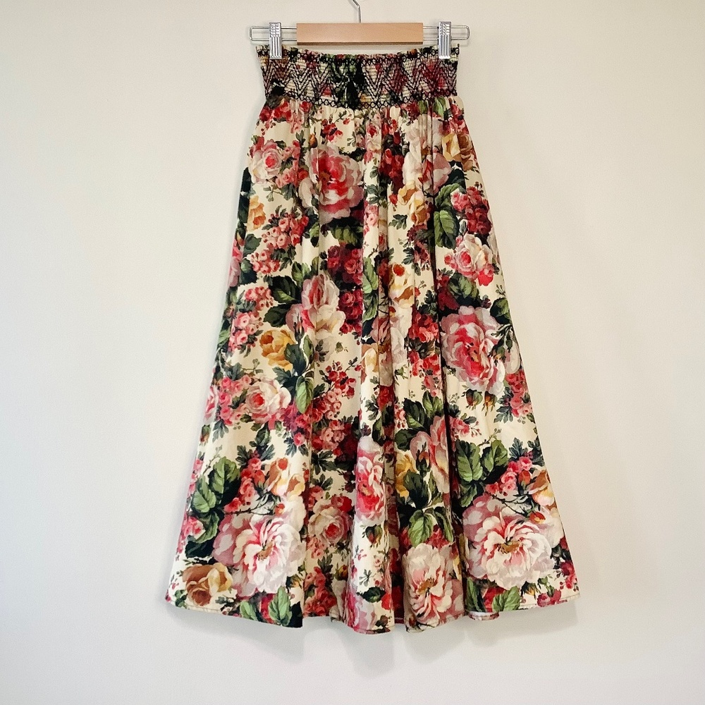 Zara Cotton Floral Print A Line Gathered Pleats Midi Skirt Pockets Beige Red